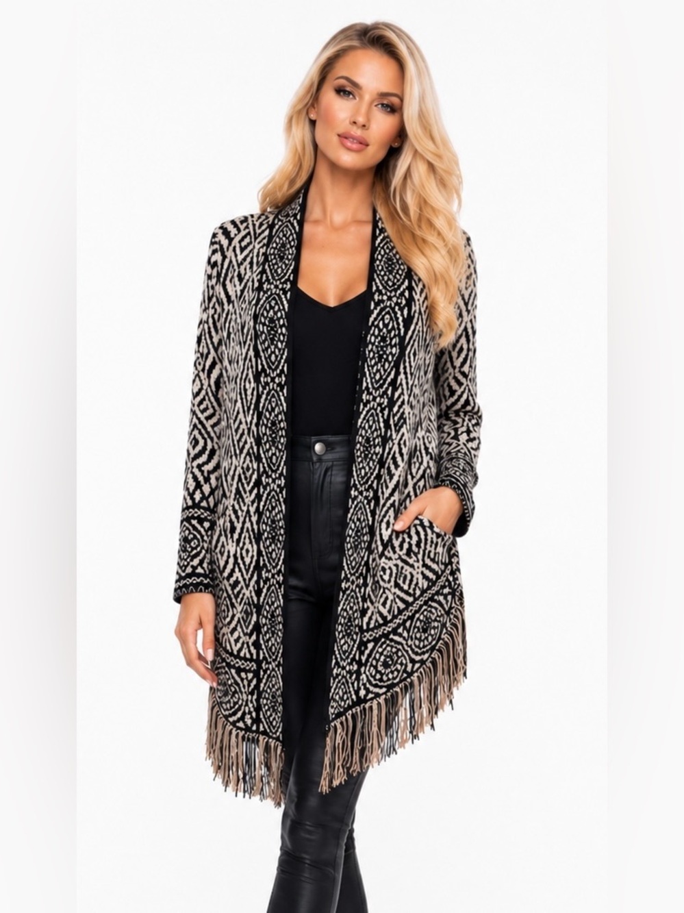 Ruby Rd 1X Black Gray Fringe Open Front Cardigan Sweater Boho Plus